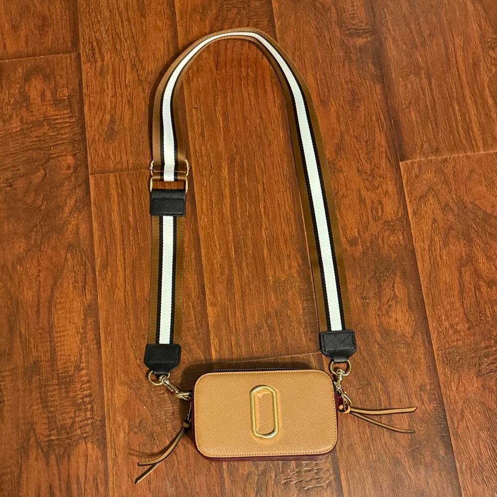 Tan Crossbody Bag with Black and White Strap